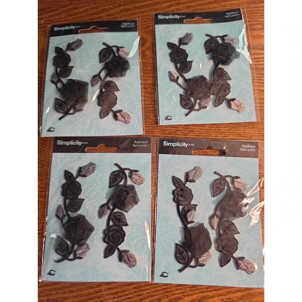 Simplicity Embroidered 3D Applique Black‎ Floral Lace Lot Of 4